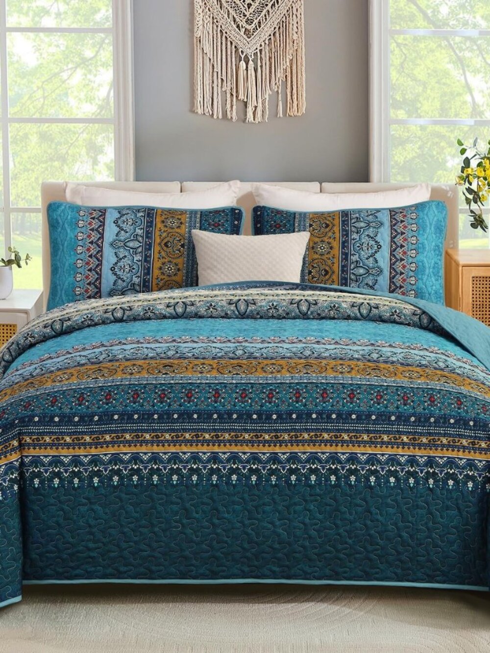 Bohemian Queen Size,3 Pieces Soft Blue Bedspread Set